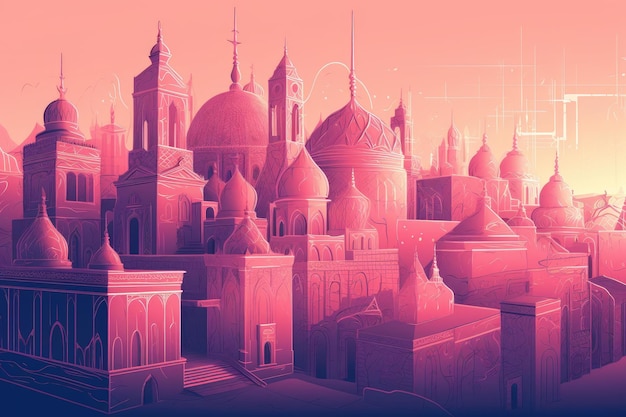 Un'illustrazione rosa di una città con un grande edificio al centro