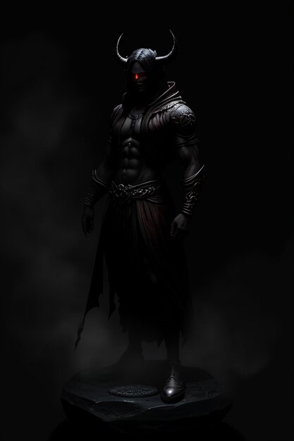 Un'illustrazione scura di un uomo con gli occhi rossi e una spada in bocca.