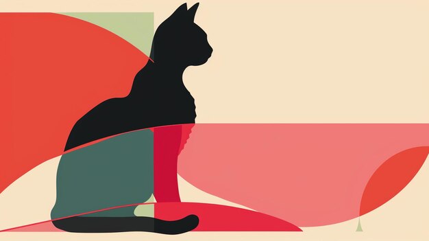 Un'illustrazione semplice ed elegante di un gatto nero seduto su uno sfondo rosso e rosa Il gatto è in uno stile minimalista con linee e forme semplici