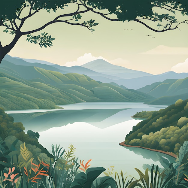 Un'illustrazione serena del lago Guatavita circondato da montagne nebbiose e vegetazione verde intenso