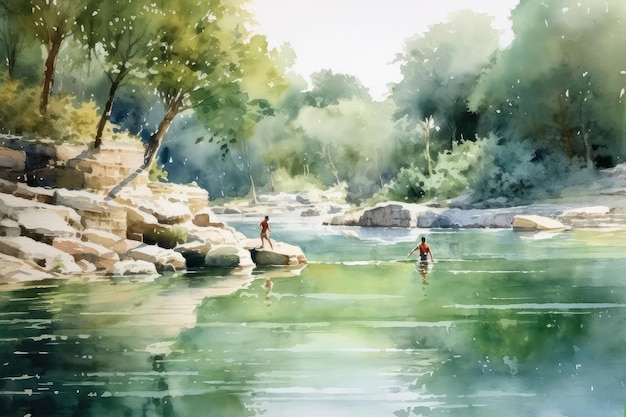 Un'illustrazione serena dell'acquerello di scena della riva del fiume generativa