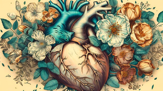 Un'illustrazione stampata di un cuore con fiori che lo circondano