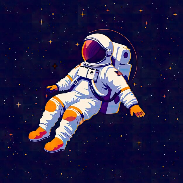 Un'illustrazione stilizzata di un astronauta in una tuta spaziale bianca con patch di bandiera americana galleggianti