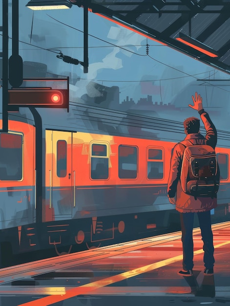 Un'illustrazione stilizzata mostra una persona che saluta un treno colorato La scena dinamica cattura l'energia di un pendolare urbano