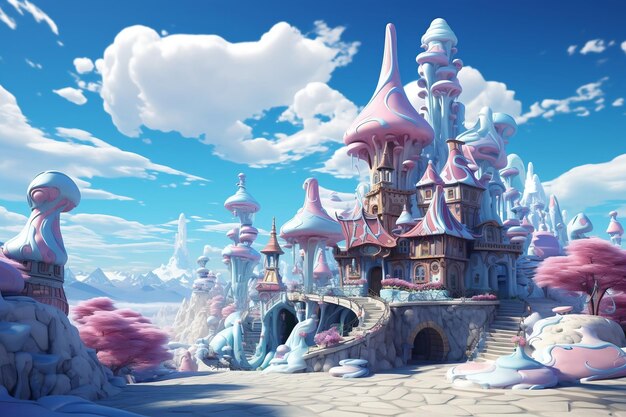 Un'illustrazione stravagante che ritrae un affascinante cottage blu immerso nell'incantevole Candyland Generative Ai