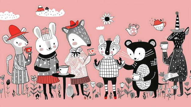 Un'illustrazione stravagante di un gruppo di animali della foresta che fanno una festa del tè in un prato rosa
