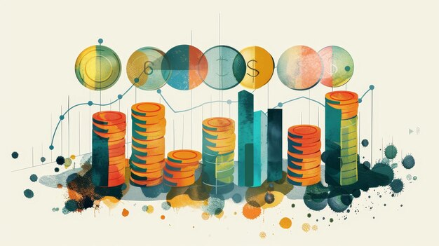 Un'illustrazione stravagante di un mucchio di monete che si trasforma in un grafico finanziario generato dall'AI