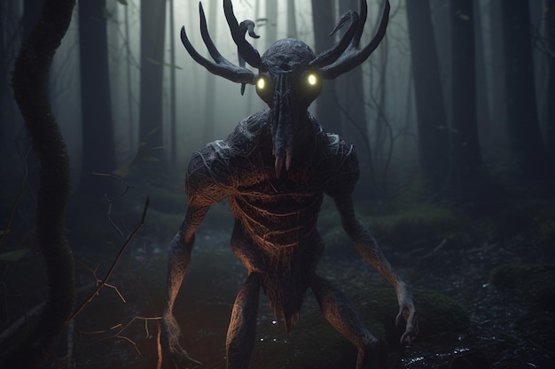 Un'illustrazione stravagante di una creatura o di un personaggio di un mito o di una leggenda in una foresta oscura e inquietante