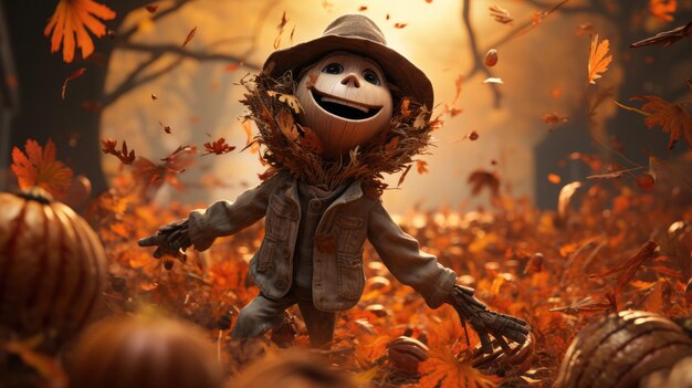 Un'illustrazione stravagante di uno spaventapasseri sorridente circondato da foglie che cadono