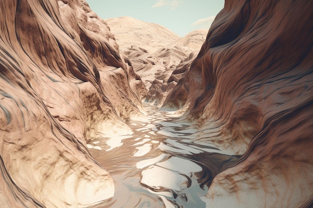 Un'illustrazione surreale di un paesaggio naturale distorto o manipolato come un canyon o una valle