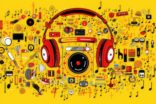 Un'illustrazione vettoriale colorata di un concetto di playlist musicale isolato su uno sfondo giallo brillante