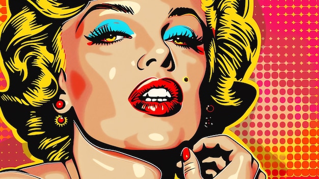 Un'illustrazione vettoriale del viso di una donna in stile pop art La donna ha i capelli biondi occhi blu e labbra rosse Indossa un vestito giallo