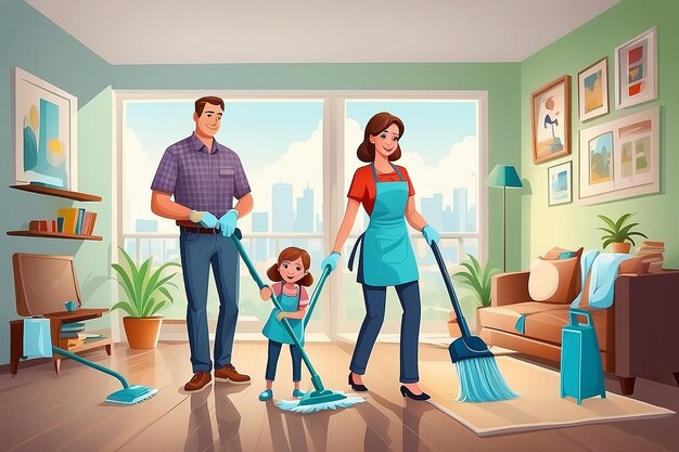 Un'illustrazione vettoriale della madre che va a lavorare mentre il padre fa le faccende domestiche