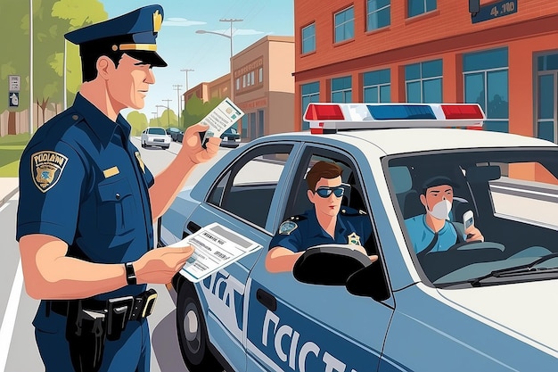 Un'illustrazione vettoriale di un poliziotto che dà a un autista un biglietto per violazione del traffico