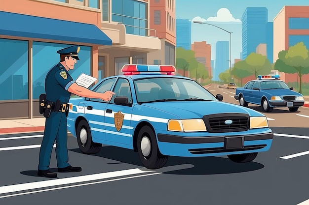 Un'illustrazione vettoriale di un poliziotto che dà a un autista un biglietto per violazione del traffico