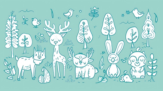 Un'illustrazione vettoriale di una foresta con conigli cervi e altre creature della foresta