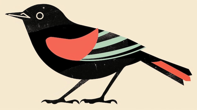 Un'illustrazione vettoriale minimalista di un merlo L'uccello è rivolto a sinistra dello spettatore Ha una pancia rossa e un becco giallo