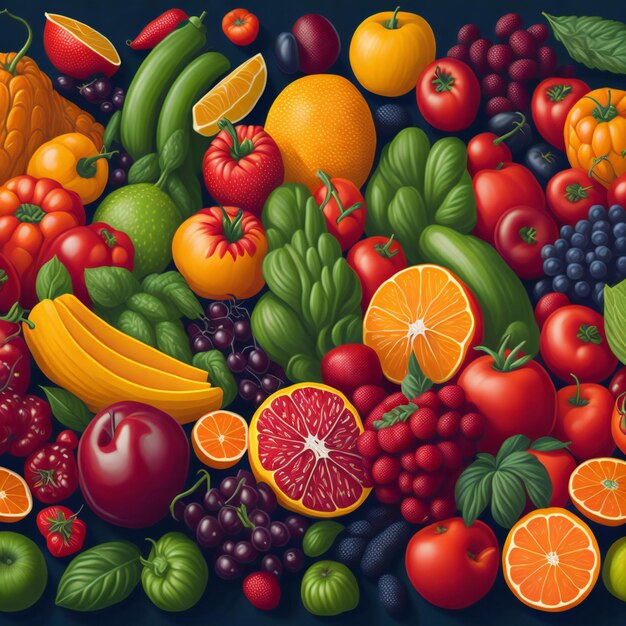 Un'illustrazione vibrante che mostra un abbondante assortimento di frutta e verdura colorata