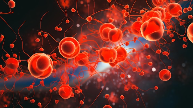 Un'illustrazione vibrante mostra un flusso sanguigno circondato da globuli rossi e bianchi