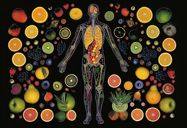 Un'illustrazione vivace dell'anatomia umana circondata da una varietà di frutti freschi e colorati