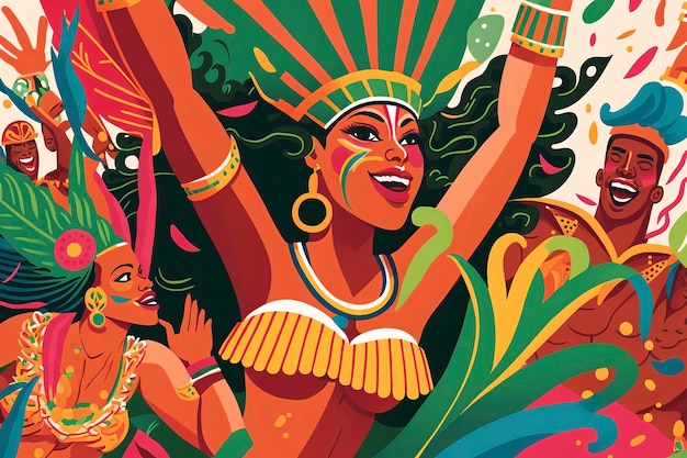 Un'illustrazione vivace e colorata che mostra la gioia e l'eccitazione del carnevale brasiliano