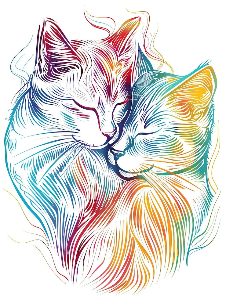 Foto un'illustrazione vivace e colorata di due gatti che si coccolano insieme