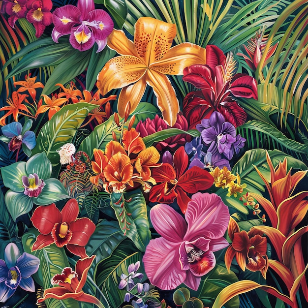 Un'illustrazione vivace e dettagliata di fiori esotici tra cui orchidee gigli e zenzero