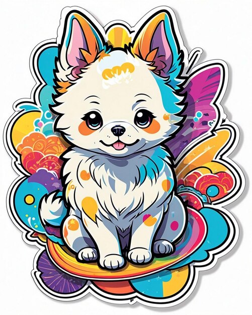 un'illustrazione vivace e giocosa di un carino adesivo per cani ispirato all'arte kawaii giapponese