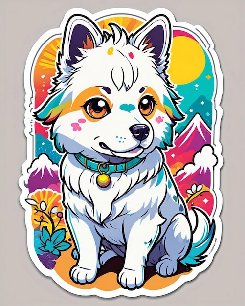 un'illustrazione vivace e giocosa di un carino adesivo per cani ispirato all'arte kawaii giapponese