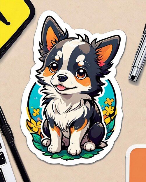 un'illustrazione vivace e giocosa di un carino adesivo per cani ispirato all'arte kawaii giapponese