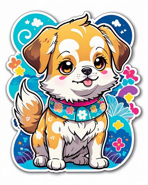 un'illustrazione vivace e giocosa di un carino adesivo per cani ispirato all'arte kawaii giapponese