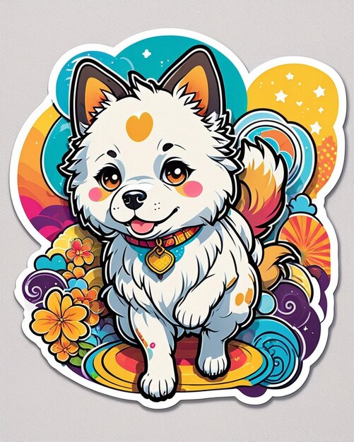 un'illustrazione vivace e giocosa di un carino adesivo per cani ispirato all'arte kawaii giapponese