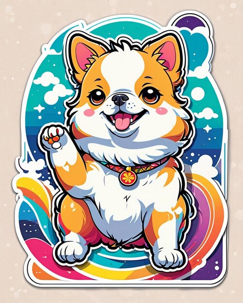 un'illustrazione vivace e giocosa di un carino adesivo per cani ispirato all'arte kawaii giapponese