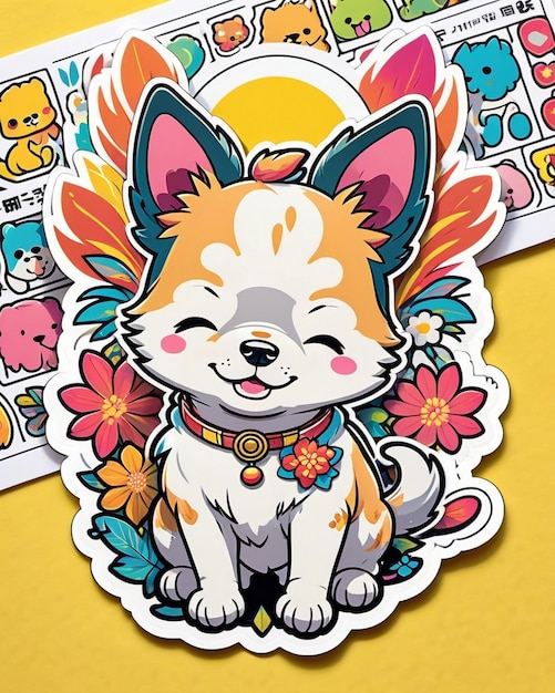 un'illustrazione vivace e giocosa di un carino adesivo per cani ispirato all'arte kawaii giapponese