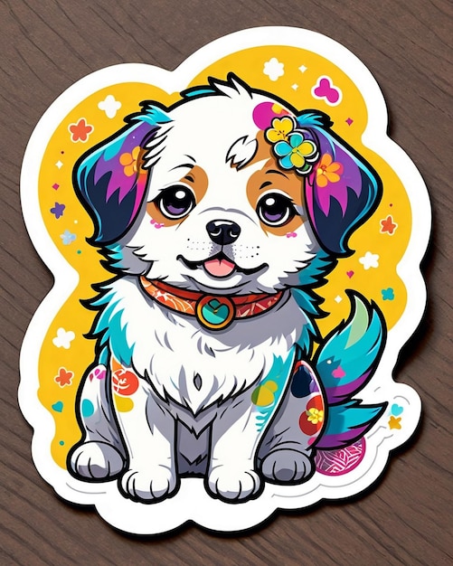 un'illustrazione vivace e giocosa di un carino adesivo per cani ispirato all'arte kawaii giapponese