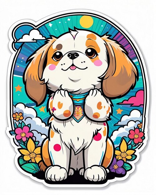 un'illustrazione vivace e giocosa di un carino adesivo per cani ispirato all'arte kawaii giapponese