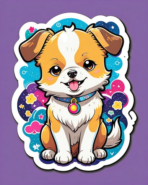 un'illustrazione vivace e giocosa di un carino adesivo per cani ispirato all'arte kawaii giapponese