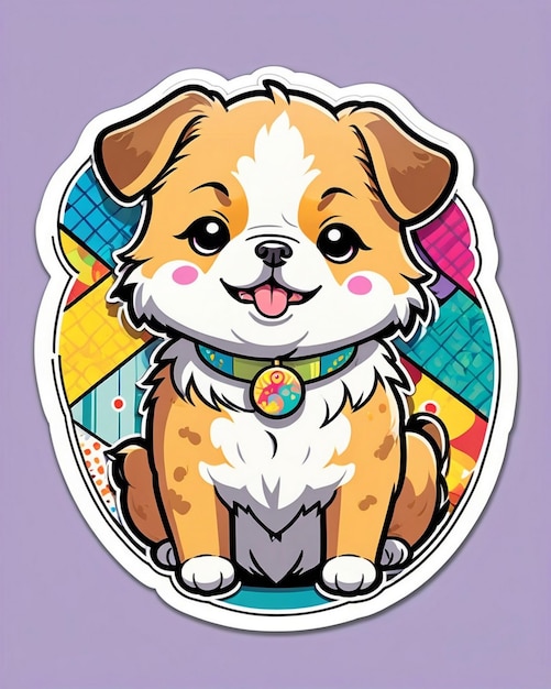 un'illustrazione vivace e giocosa di un carino adesivo per cani ispirato all'arte kawaii giapponese