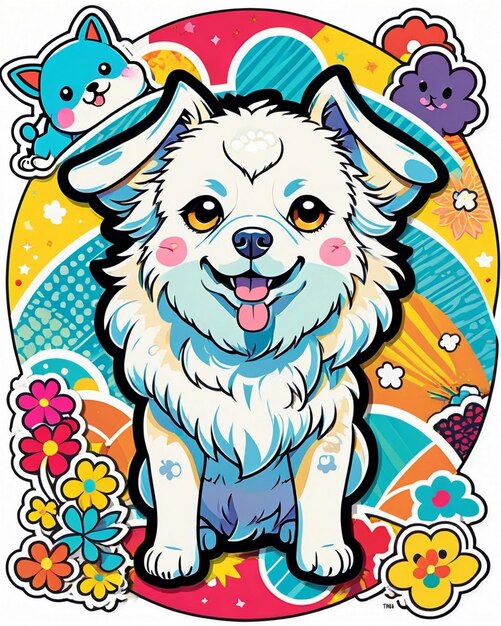 un'illustrazione vivace e giocosa di un carino adesivo per cani ispirato all'arte kawaii giapponese