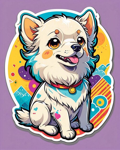 un'illustrazione vivace e giocosa di un carino adesivo per cani ispirato all'arte kawaii giapponese