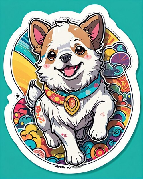 un'illustrazione vivace e giocosa di un carino adesivo per cani ispirato all'arte kawaii giapponese