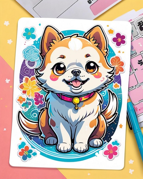 un'illustrazione vivace e giocosa di un carino adesivo per cani ispirato all'arte kawaii giapponese