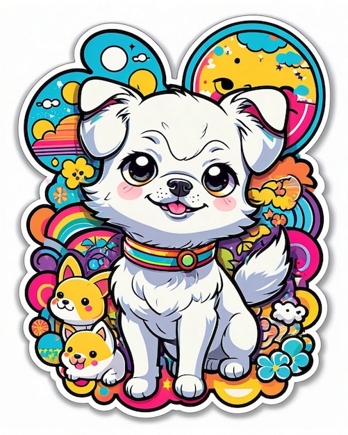 un'illustrazione vivace e giocosa di un carino adesivo per cani ispirato all'arte kawaii giapponese