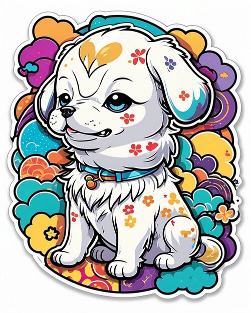 un'illustrazione vivace e giocosa di un carino adesivo per cani ispirato all'arte kawaii giapponese