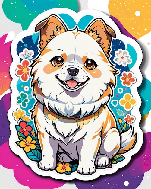 un'illustrazione vivace e giocosa di un carino adesivo per cani ispirato all'arte kawaii giapponese