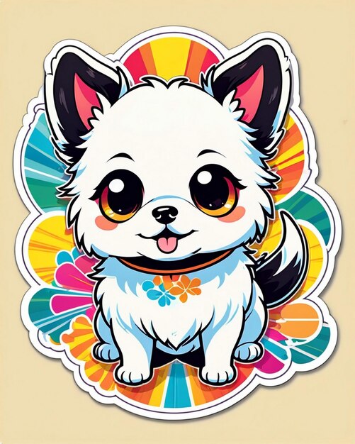 un'illustrazione vivace e giocosa di un carino adesivo per cani ispirato all'arte kawaii giapponese