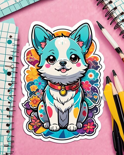 un'illustrazione vivace e giocosa di un simpatico adesivo per cani ispirato all'arte kawaii giapponese