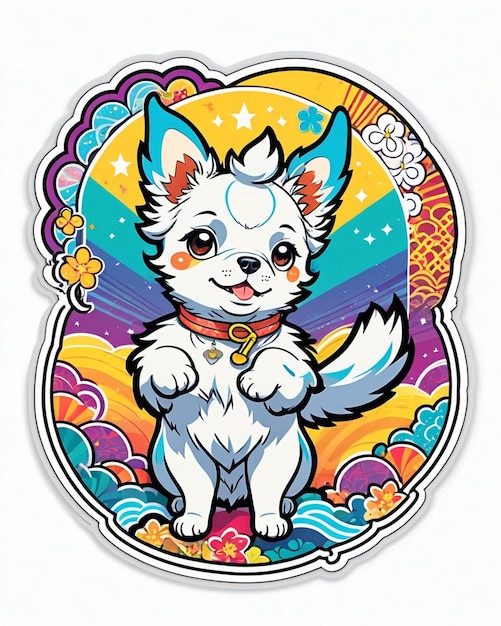 un'illustrazione vivace e giocosa di un simpatico adesivo per cani ispirato all'arte kawaii giapponese