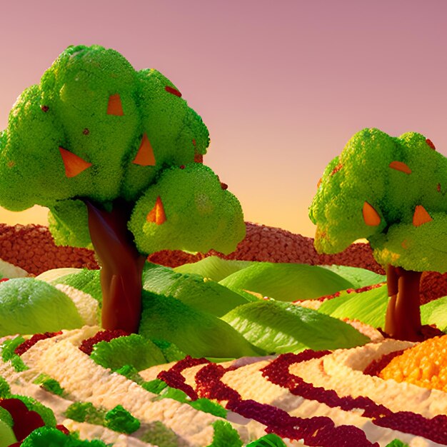 Un'immagine 3d colorata di due alberi con cime arancioni