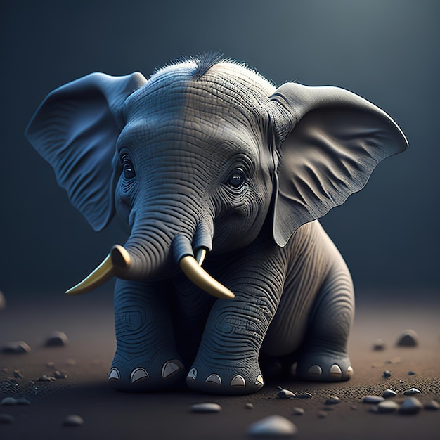 Un'immagine 3D di un piccolo elefante con le zanne.
